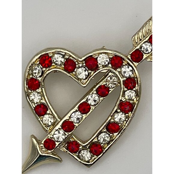 Gold Tone Red Clear Rhinestones Heart Arrow 2" Brooch - Picture 2 of 8